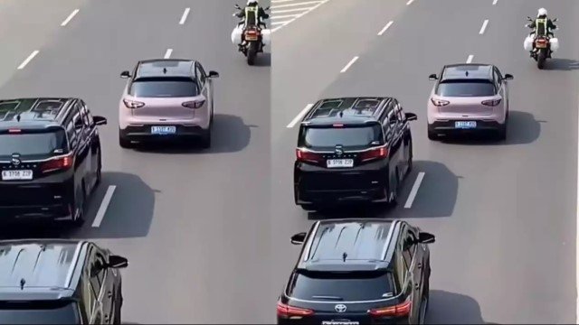 VIRAL! Momen Mobil Listrik Pink Potong Iring-Iringan Patwal Pejabat Tuai Beragam Reaksi