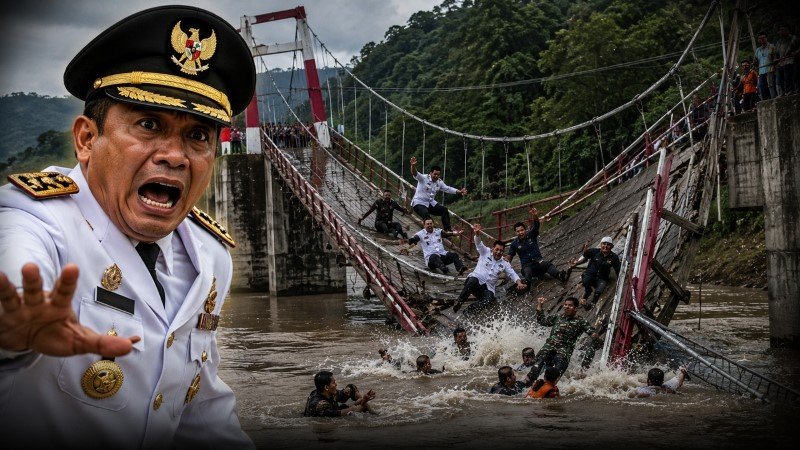 Alamak! Baru Diresmikan, Jembatan Gantung di Pangandaran ‘Ambruk’ Saat Dilewati Bupati