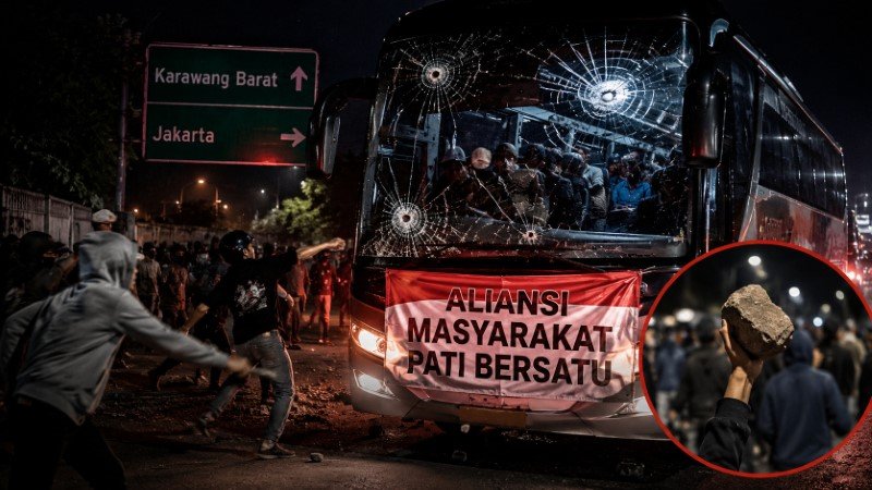PARAH! Aksi Teror Hantui Aliansi Masyarakat Pati Bersatu di Karawang, Bus Rombongan Jadi Sasaran Lemparan Batu