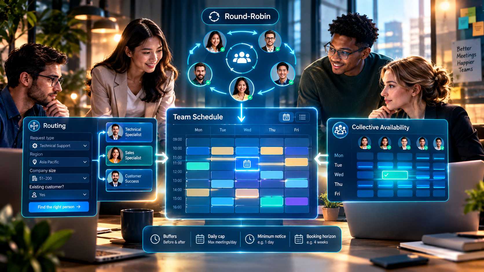 Booking Links, Round-Robin and Routing: Scheduling for Small Teams