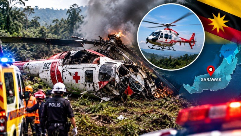 Detik-Detik Mencekam Helikopter Ambulans Udara Jatuh di Sarawak Laporan Awal Ungkap Dugaan Tragedi Maut!