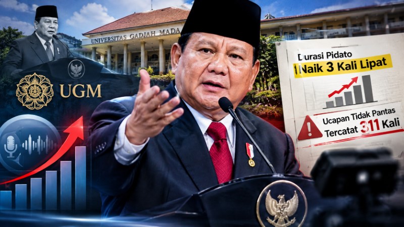 Kajian UGM Ungkap Durasi Pidato Prabowo Naik Tiga Kali Lipat, Ucapan Tidak Pantas Tercatat 311 Kali!
